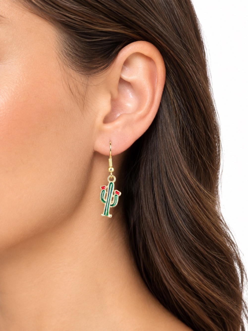 Green Enamel Cactus Dangle Earrings Gold Tone 1.5” Drop Southwestern NWT
